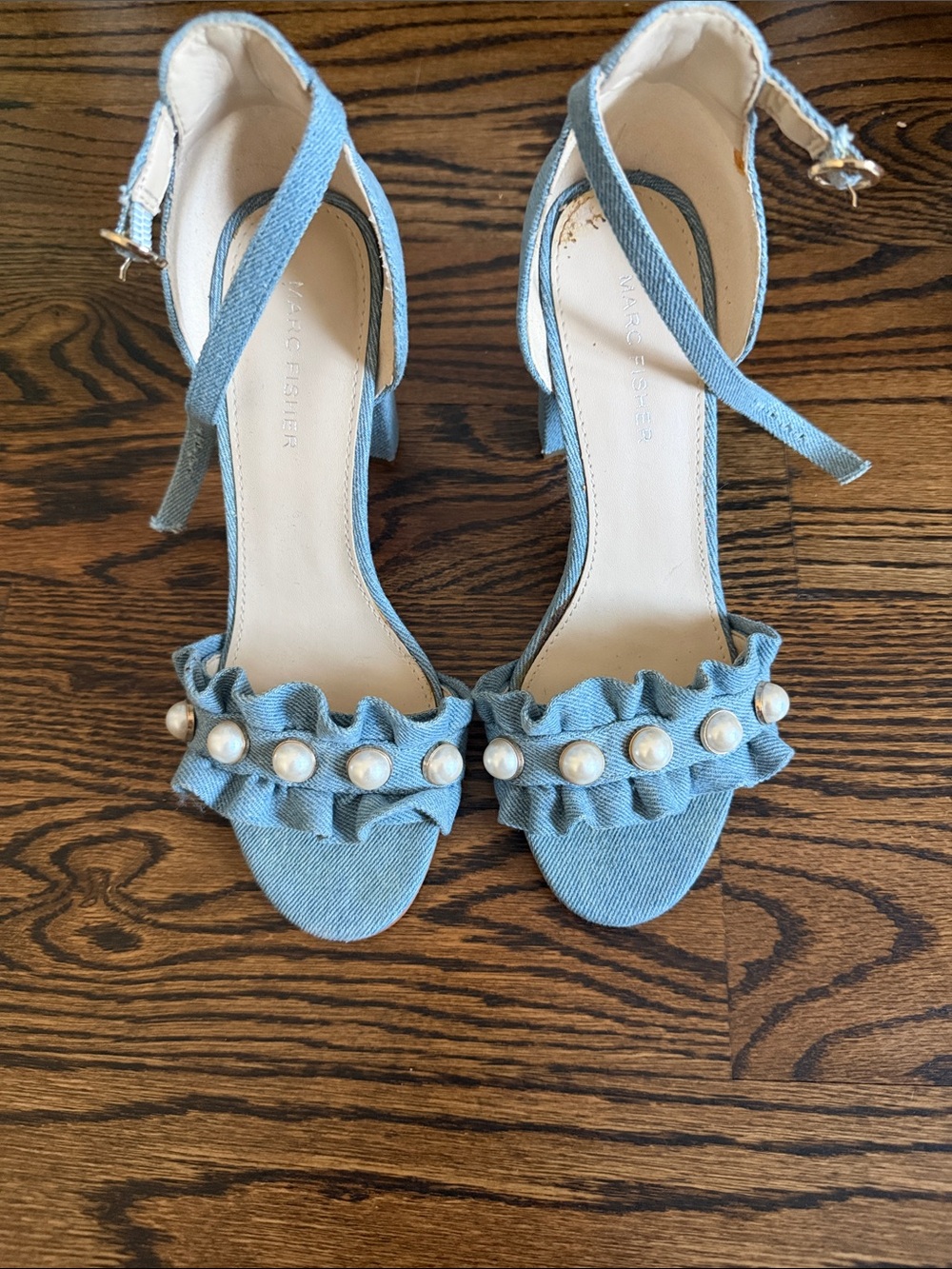 Marc Fisher Light Denim Ruffle Pearl Ankle-Strap Block Heels